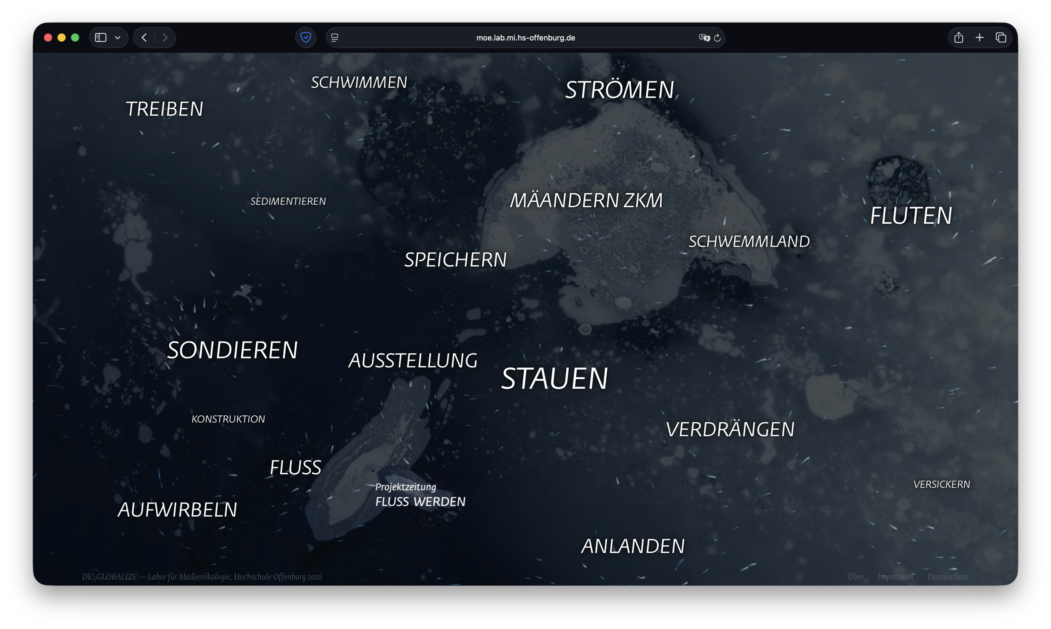 Becoming River — Desktop Ansicht mit Partikelfluss und Begriffen